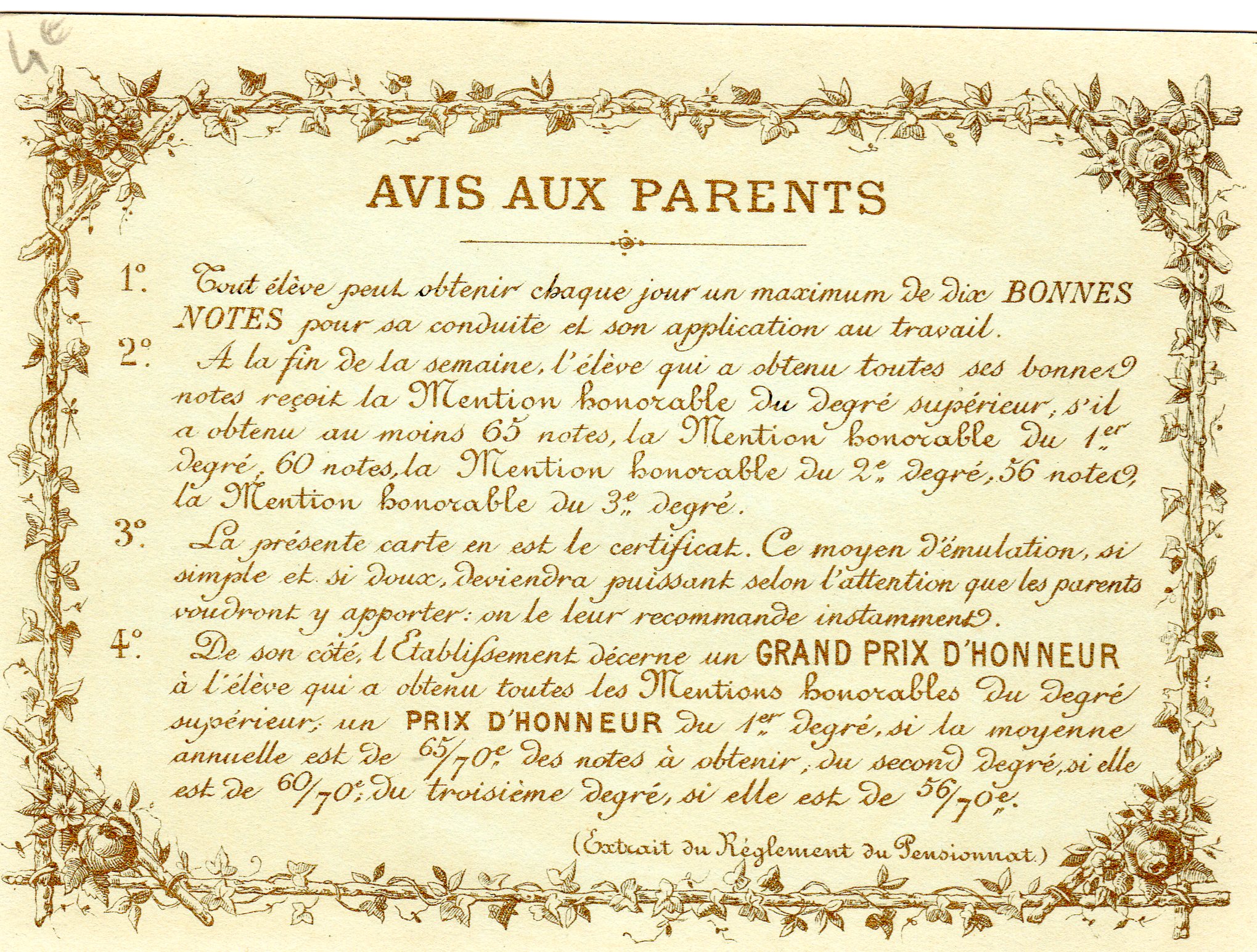 Extrait du réglement du pensionnat. Qui se trouvait au dos de la carte 